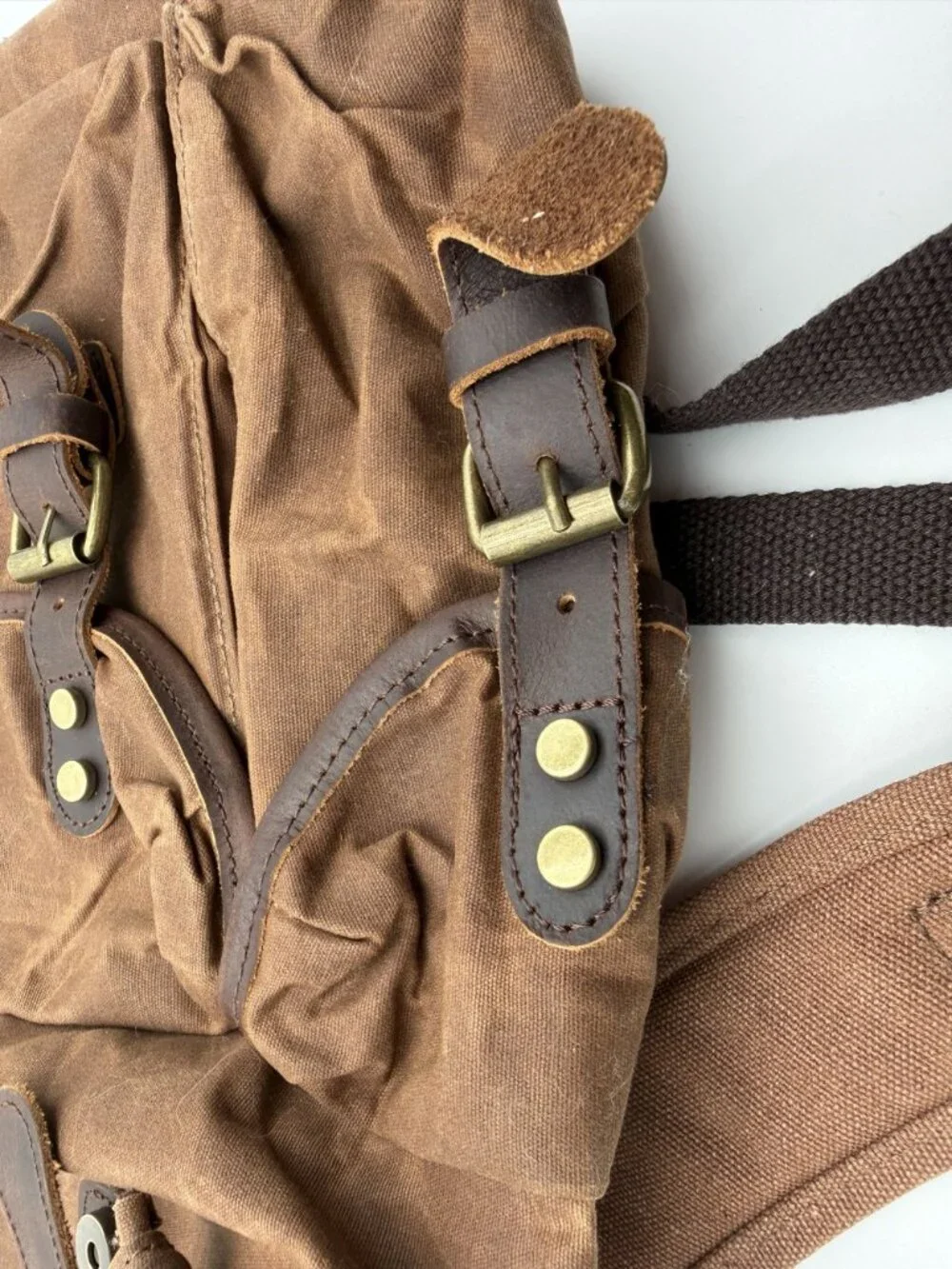 Waxed Canvas Leather Backpack Brown Drawstring Rucksack Brass Buckle Pockets